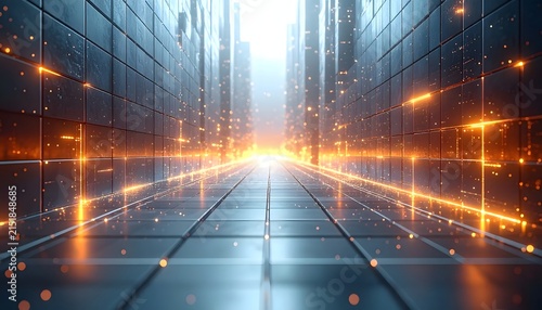 Futuristic Data Center Server Room with High Speed Glowing Light Trails and Digital Information Flow.