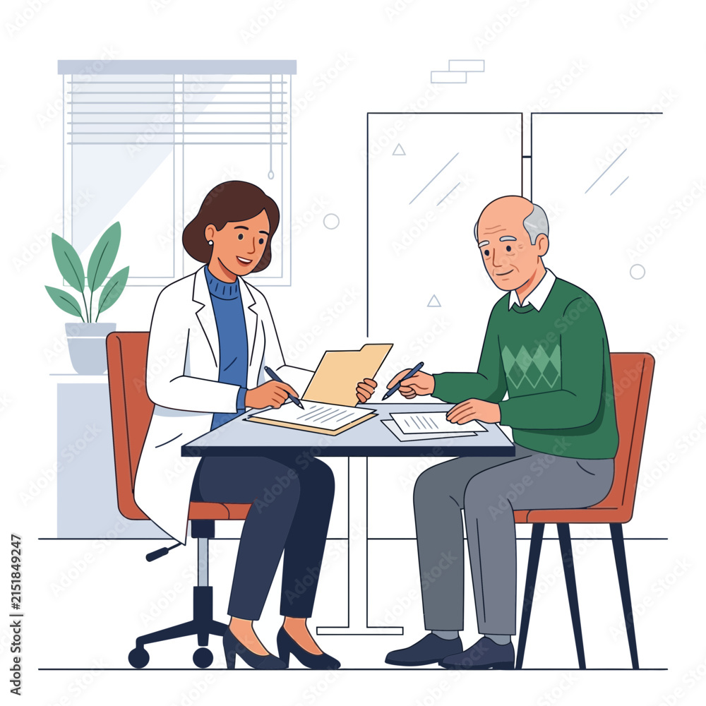 Fototapeta premium Doctor consulting with elderly patient, discussing medical documents and treatment plan in a modern clinic office.