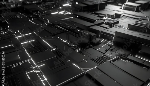Abstract Futuristic Circuit Board Cityscape in Monochromatic Black and White 3D Render.