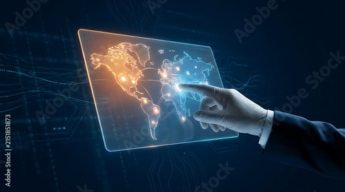 Global business network and tech innovation concept featuring a hand touching a digital world map screen with advanced technology data connections