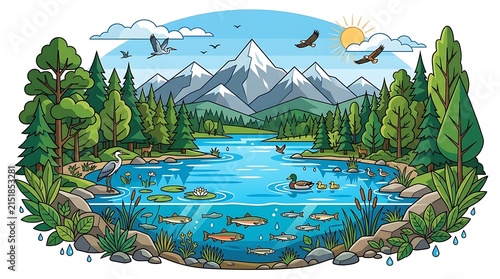 Vibrant flat design illustration of a sustainable freshwater ecosystem featuring mountain peaks, forest trees, and diverse wildlife above and below water.
