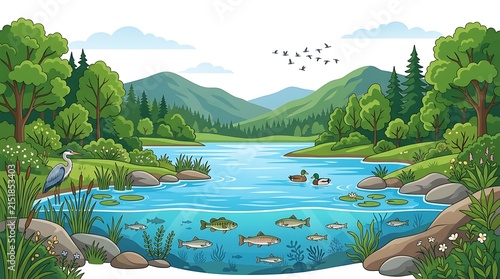 Vibrant vector illustration of a healthy lake ecosystem showing diverse fish and wildlife in a mountain landscape.