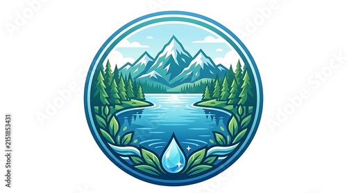 A circular badge illustration celebrating nature with snow capped mountains a calm lake and green pine trees for environmental conservation.