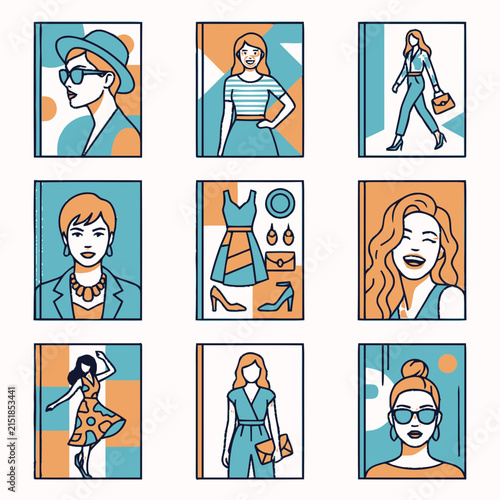 Collection of modern fashion illustration portraits and clothing items.