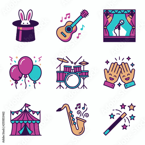 Set of colorful entertainment and performance event icons.