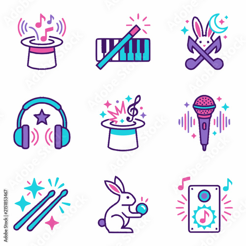 Set of cute magical music themed vector icons for entertainment and events.