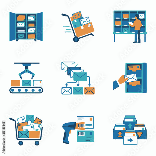 Set of flat postal service and logistics icons for delivery and mail management.
