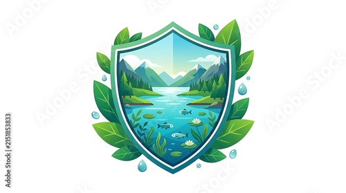 Flat vector illustration of a pristine lake ecosystem protected by a shield with mountains and forest