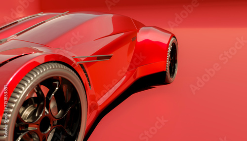 Close-up of sleek red sports car front and side with black alloy