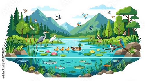 Vibrant vector illustration of a lake ecosystem showing diverse wildlife and biodiversity above and below the water surface.
