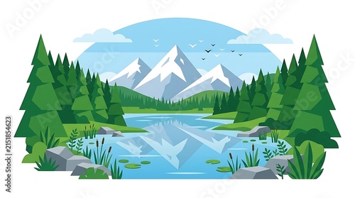 A flat vector illustration of a serene mountain lake surrounded by a lush pine forest and snow capped peaks under a blue sky
