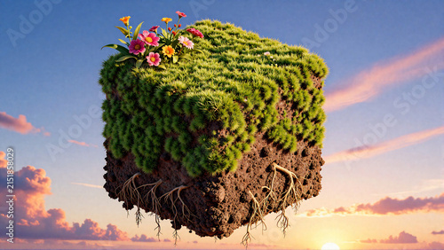 Vibrant Life on a Floating Earth Cube at Sunset