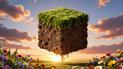 Floating Soil Cube with Lush Grass Over a Vibrant Flowery Meadow