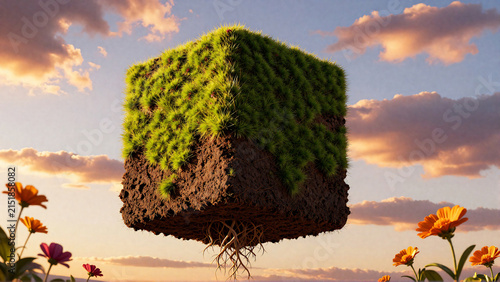 Floating Green Grass Earth Cube Island in a Dreamy Sky