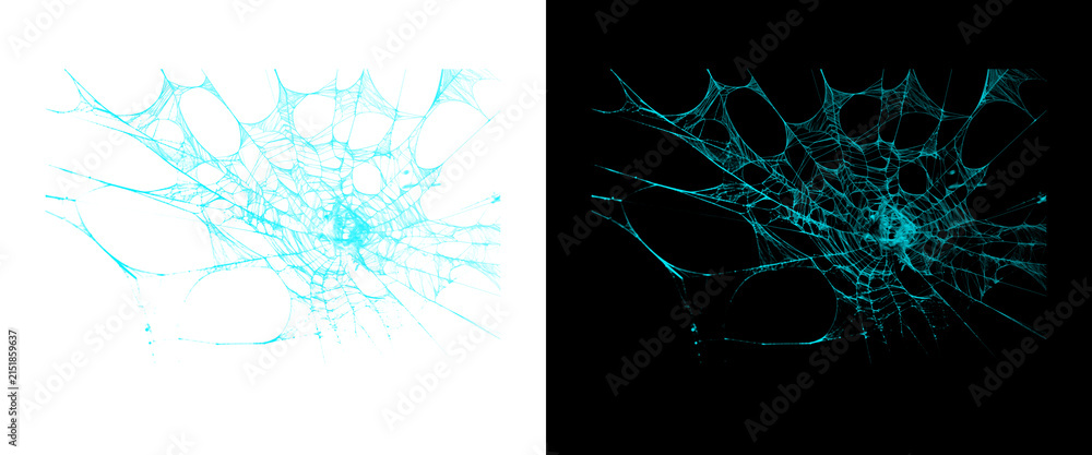 Naklejka premium Abstract digital spiderweb on white and black backgrounds, glowing cyan cobweb design, futuristic network graphic elements
