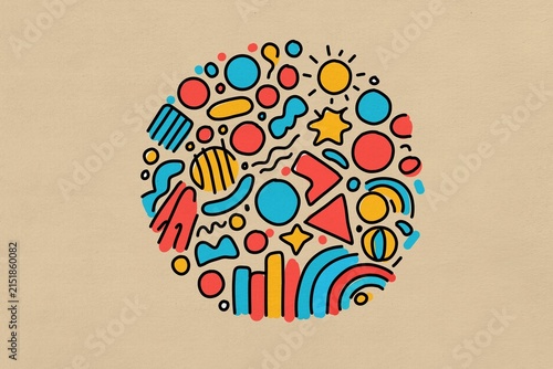 A colorful doodle composition forms a circle on a beige background