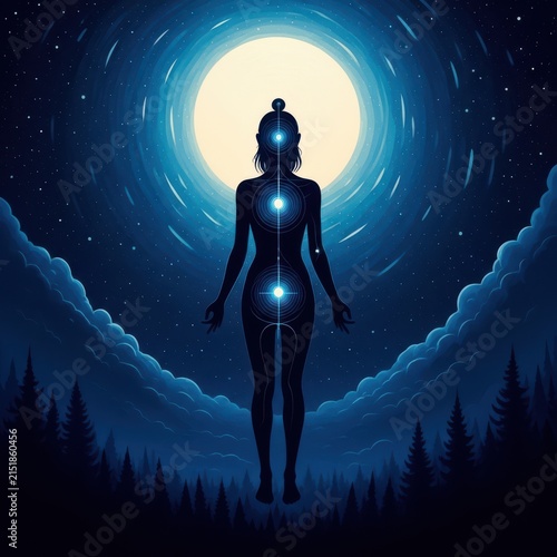 Spiritual meditation silhouette under full moon, astral projection and chakra healing concept, cosmic energy in night sky