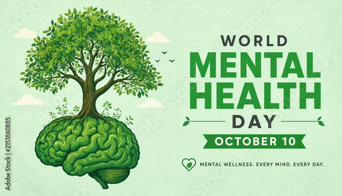 World Mental Health Day concept with tree growing from brain illustration against light green background