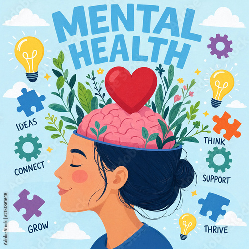 Woman's head with growing plants and heart symbolizing mental health awareness and well-being during day