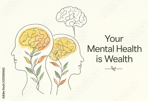 Two profiles with growing plants inside heads during bright daylight representing mental well-being concept