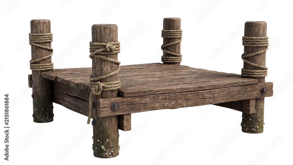 Fototapeta premium Weathered wooden pier with thick rope around support posts, aged plank platform and timber beams isolated on white background Png