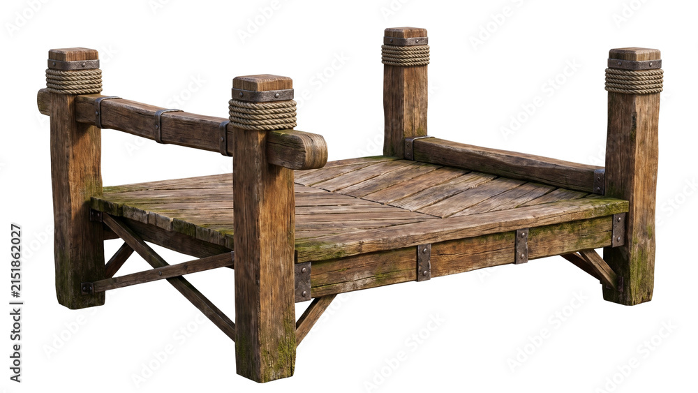 Fototapeta premium Rustic wooden pier with thick rope wrapped around posts, worn boards and supporting beams displayed isolated on a white background png