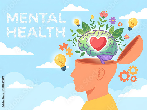 Mental health awareness with a vibrant brain and blooming thoughts emerging from an open head silhouette