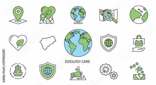 Green Earth Icons: Love, Safeguarding, and Global Awareness.