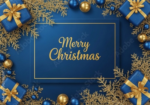 Luxurious blue & gold Christmas gifts, baubles, and ornate greenery. A festive digital illustration.