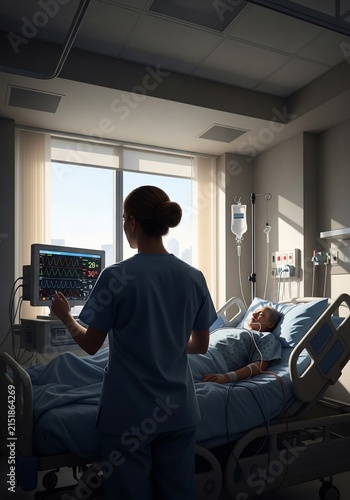 Nurse's gentle watch over patient, soft light fills the room, a moment of care.