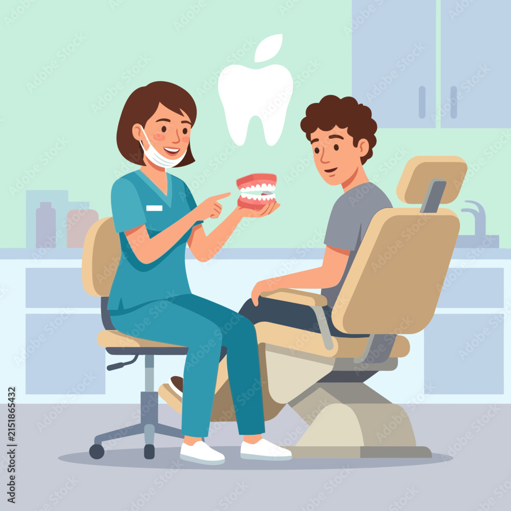 Fototapeta premium Dentist explaining dental hygiene to a patient using a teeth model in a modern clinic, flat vector illustration.