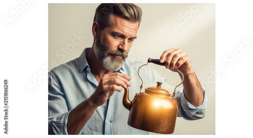 A mature man with a beard examines a golden teapot, representing meticulousness and appreciation for vintage kitchenware