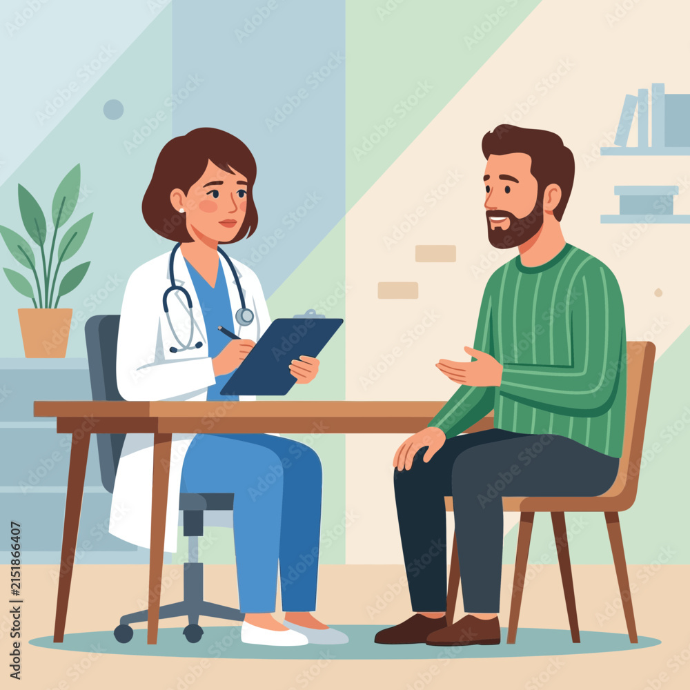 Obraz premium Doctor Consultation: Female physician in white coat with stethoscope listens to male patient's concerns in a modern, flat illustration style.