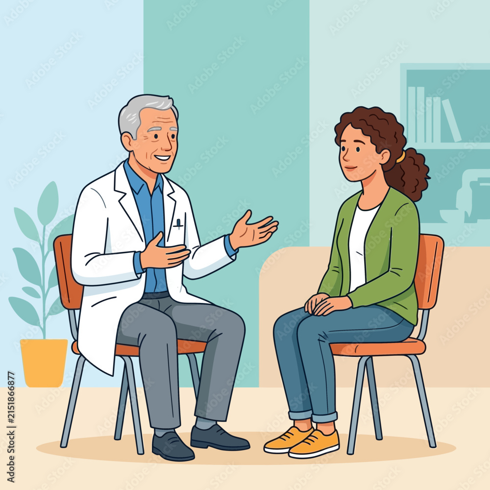 Fototapeta premium Doctor consulting a patient, discussing health in a warm, friendly medical setting. Flat vector illustration.