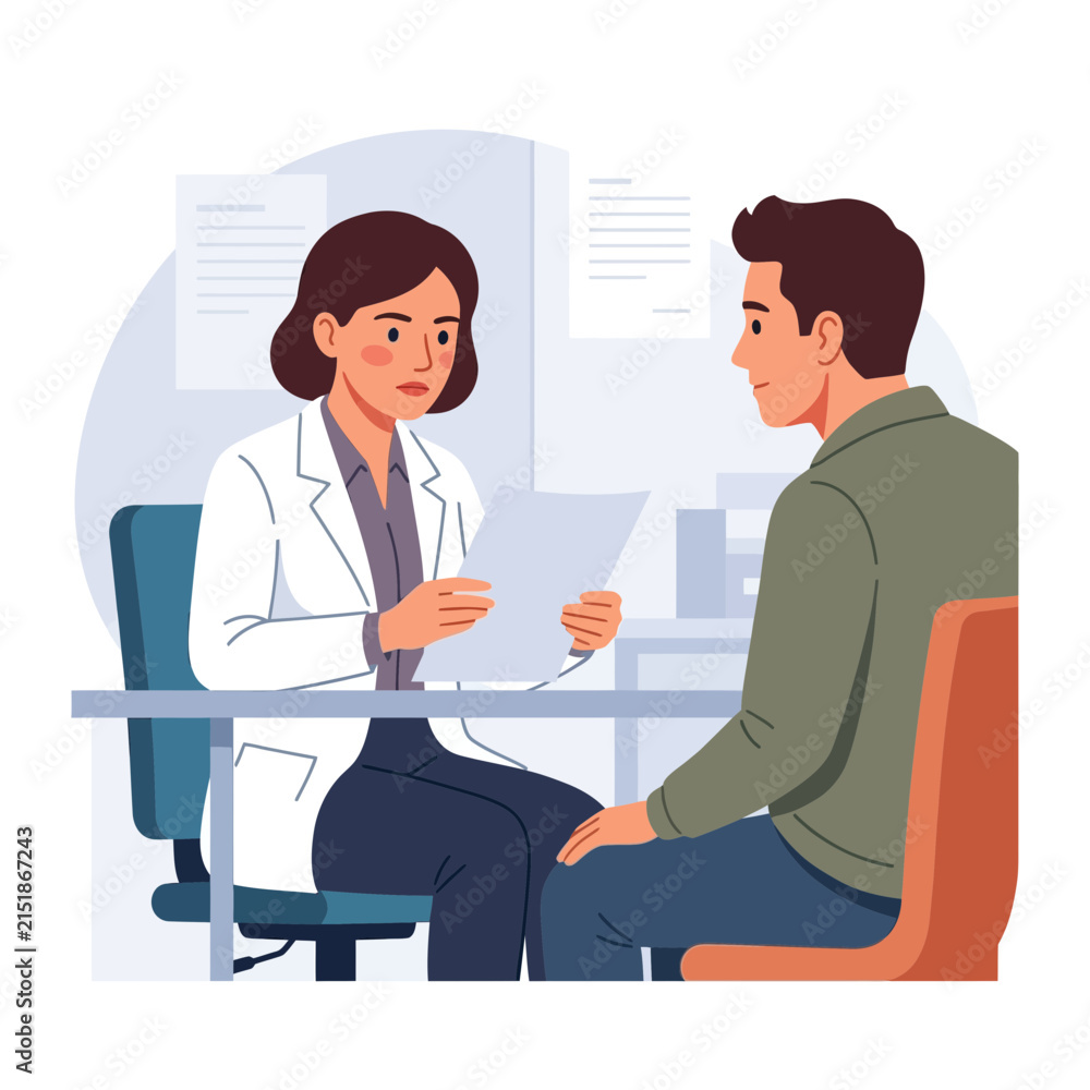 Obraz premium Doctor consulting patient in medical office, flat vector illustration, healthcare concept