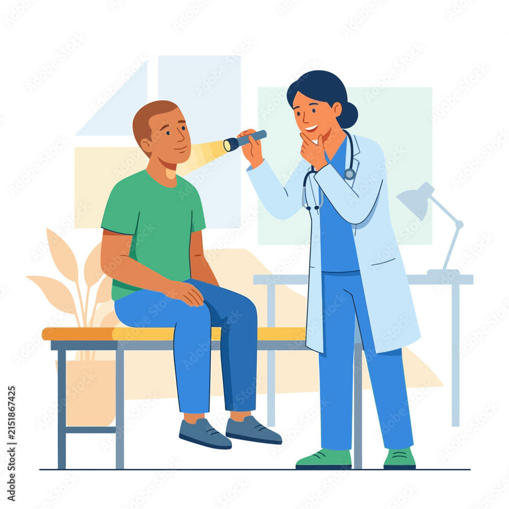 Obraz premium Doctor examines patient's throat with flashlight in flat vector illustration style.