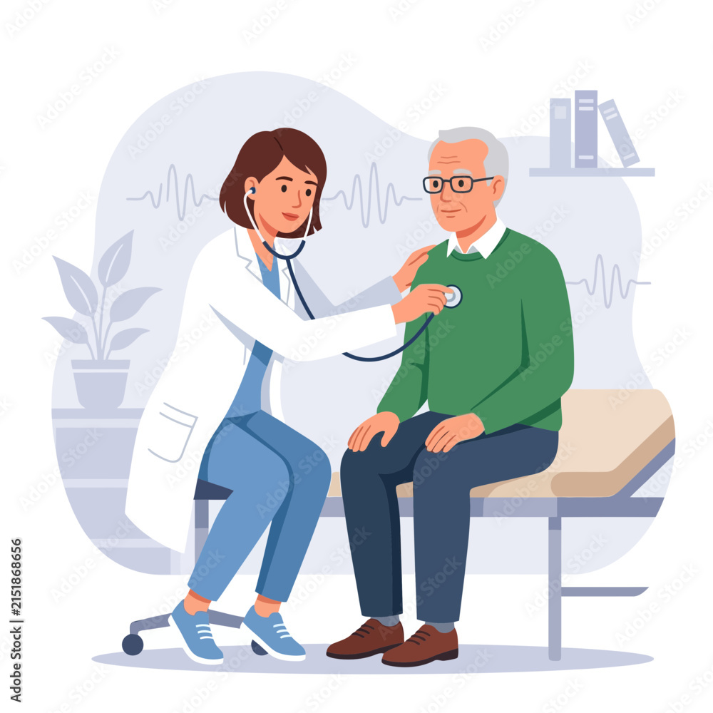 Fototapeta premium Doctor Examining Elderly Patient with Stethoscope, Healthcare and Medical Consultation Vector Illustration