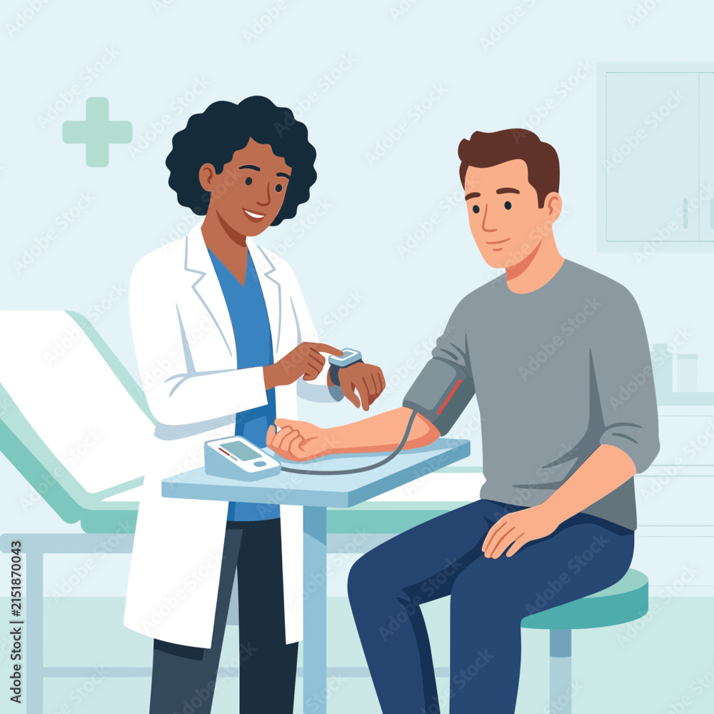 Fototapeta premium Doctor checking patient's blood pressure in a medical clinic, flat illustration vector.