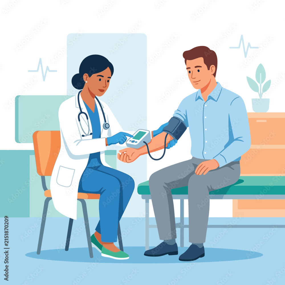 Obraz premium Doctor checking patient's blood pressure in a medical examination room, flat design illustration