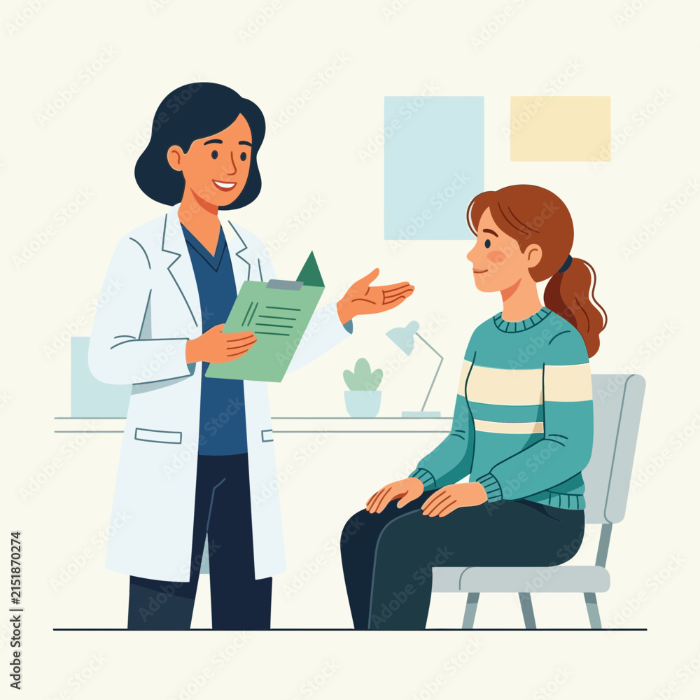 Obraz premium Doctor Consults Patient in Clinic, Flat Vector Illustration