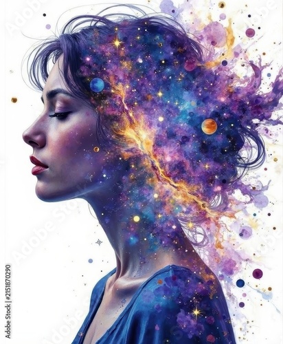 Artistic digital painting of a woman's profile merging with colorful galaxy and cosmic elements