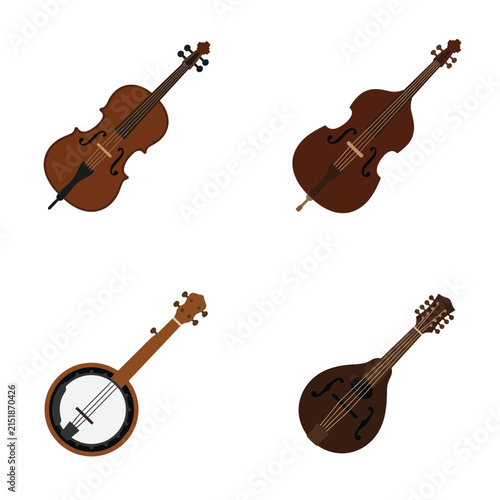 Stringed instruments showcase a collection of classical and folk musical tools including cellos, banjos, and mandolins.