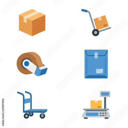 Logistics equipment icons illustrate cardboard boxes, shipping scales, and hand trucks used for warehouse operations.