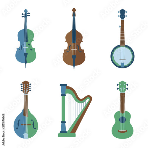 Musical instruments collection showcases a variety of stringed devices including a cello, double bass, banjo, mandolin, harp, and ukulele.