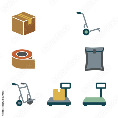 Logistics icons display various shipping supplies like cardboard boxes, packing tape, hand trucks, and industrial weighing scales for warehouse operations.