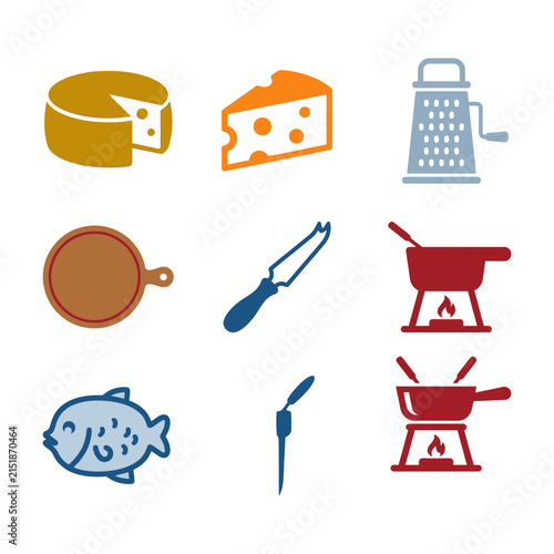 Cheese icons represent a collection of dairy products including wheels, wedges, fondue pots, graters, and serving knives for culinary designs.