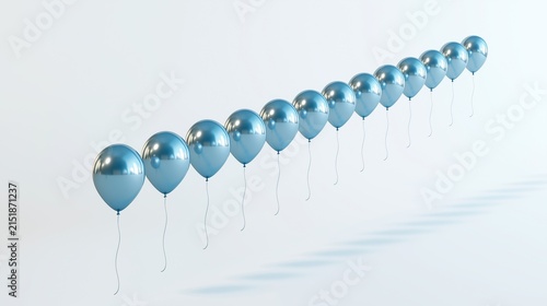 Curved row of shiny metallic light blue helium balloons getting smaller as they extend into distance on plain light background showing growth and direction concept