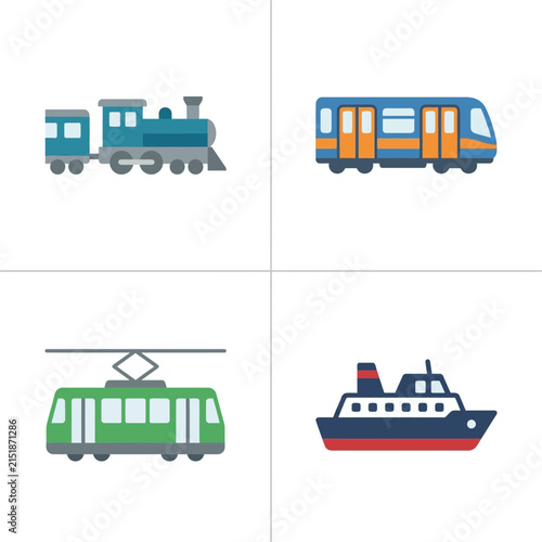 Transportation icons display a steam locomotive, modern train, electric tram, and passenger ferry for travel planning.