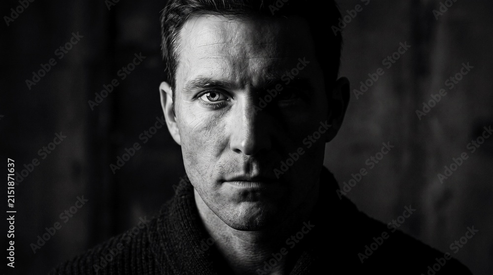 Fototapeta premium Portrait of a Serious Man Looking at Camera in Dark Environment