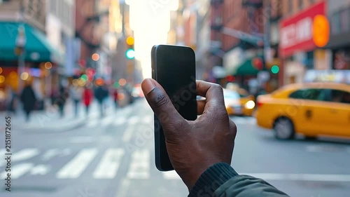 A person holds a smartphone with a green screen in city